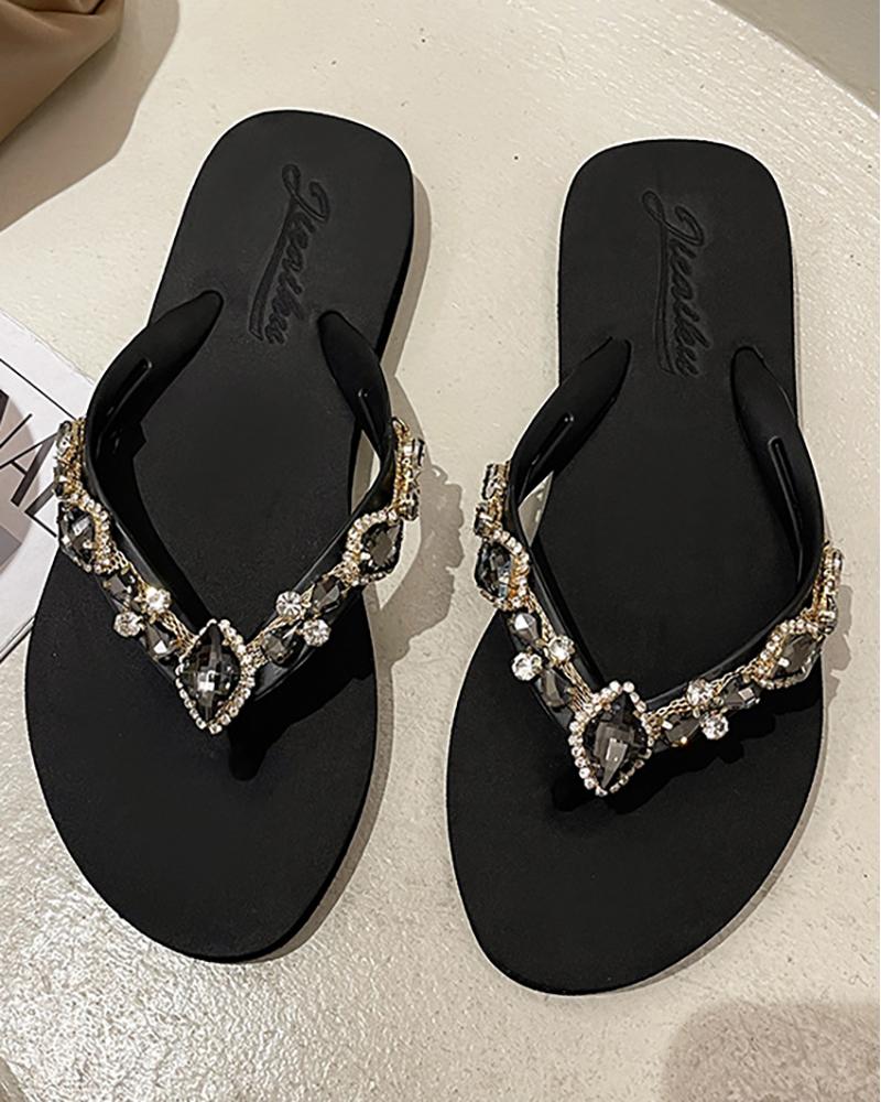 

Rhinestone Decor Toe Post Flip Flops, Black