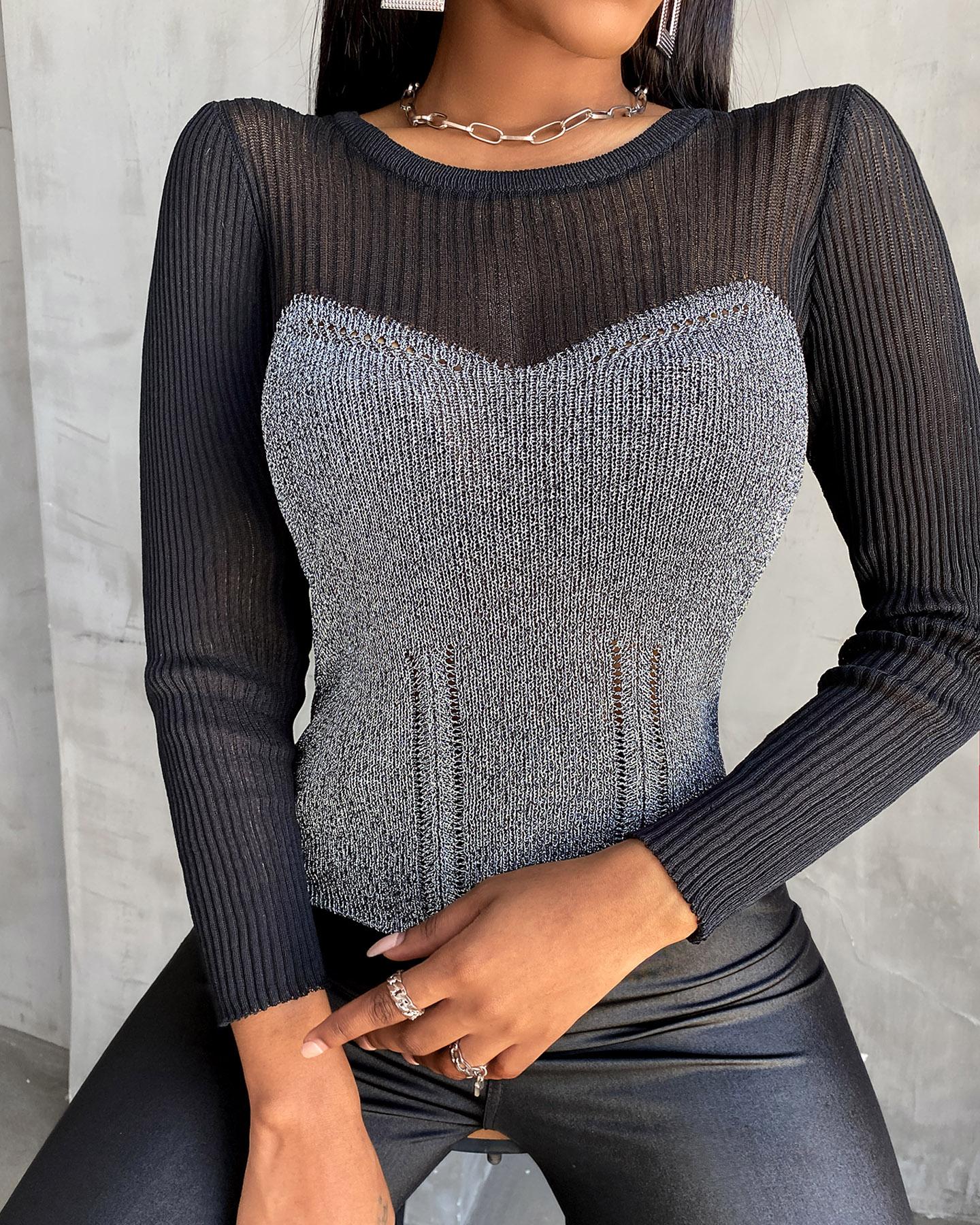 

Colorblock Knit Long Sleeve Top, Black