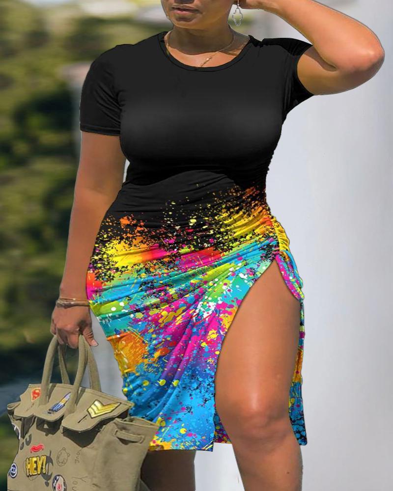 

Plus Size Ink Splash Print Drawstring Ruched High Slit Dress, Multicolor
