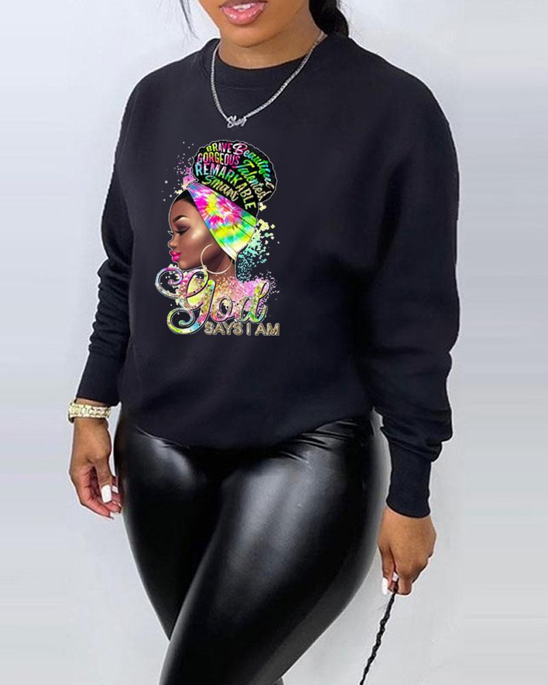 

Plus Size Figure God Letter Print Long Sleeve Sweatshirt, Black