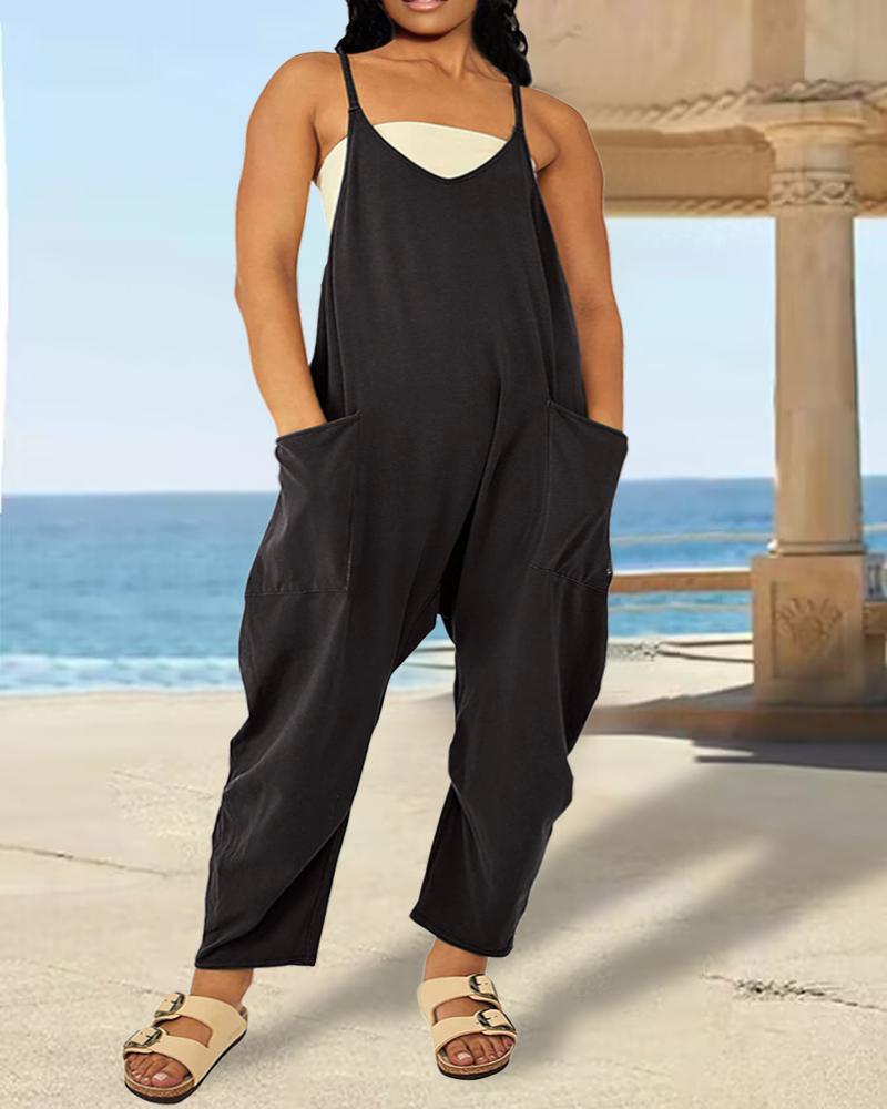 

Plus Size Spaghetti Strap Pocket Design Casual Jumpsuit, Black
