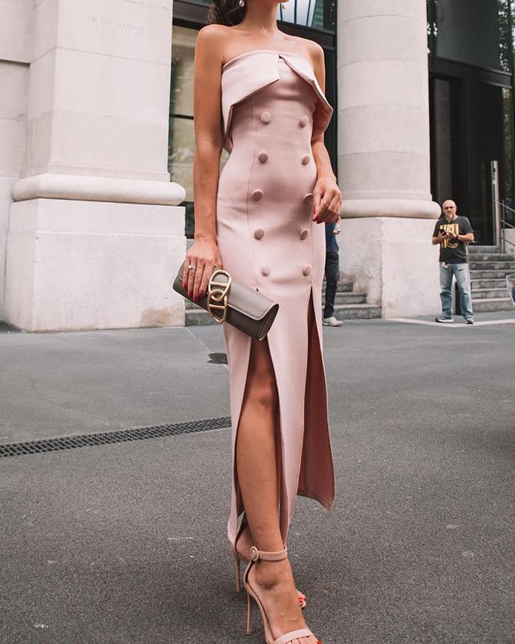 

Fold Over Double-Breasted Slit Maxi Dress, Pink
