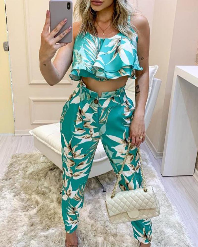

Tropical Print Ruffles Hem Spaghetti Strap Top & Pants Set, Green