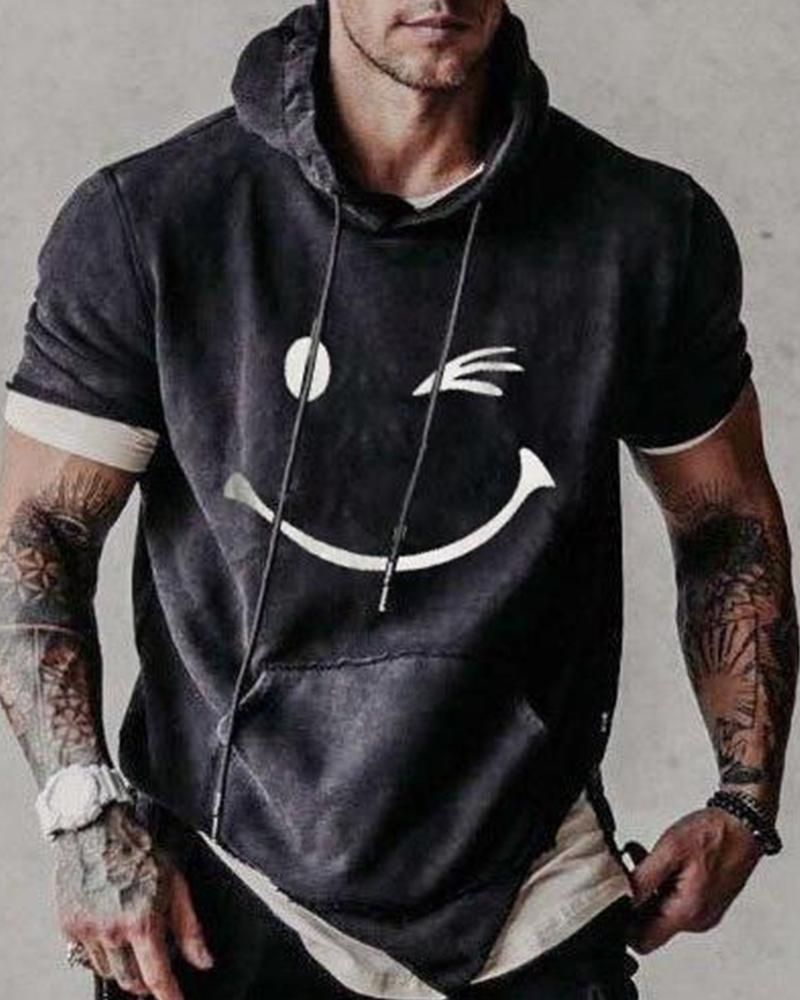 

Face Print Short Sleeve Loose Hooded Sweatshirts, Black
