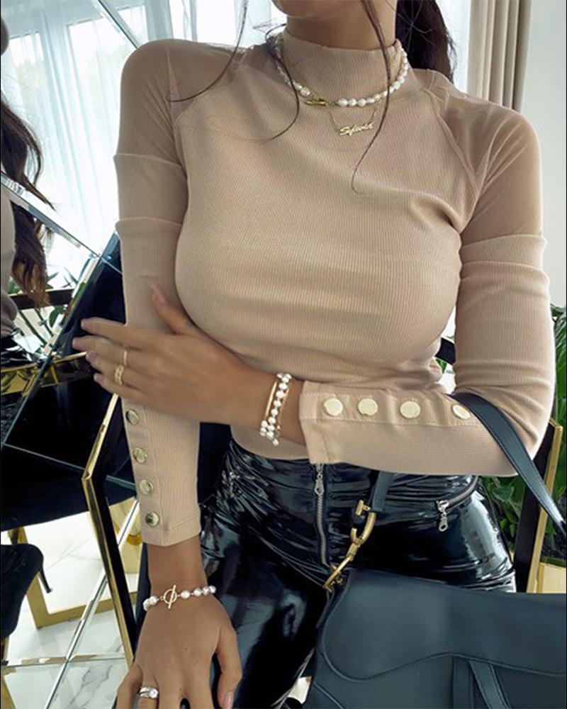 

Long Sleeve Sheer Mesh Buttoned Top, Apricot