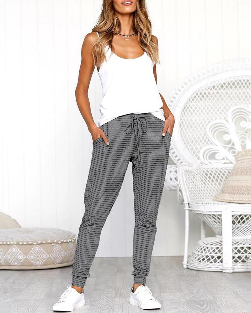 

Pinstripes Drawstring Casual Long Pants, Gray