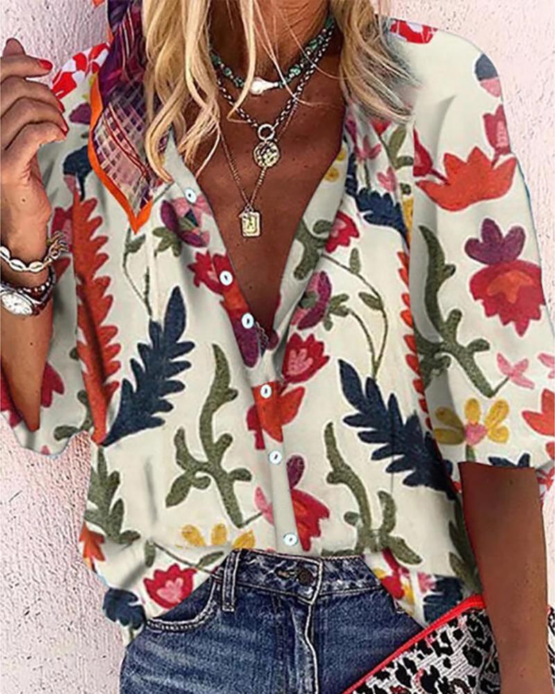 

Floral Print Buttoned Half Sleeve Top, White