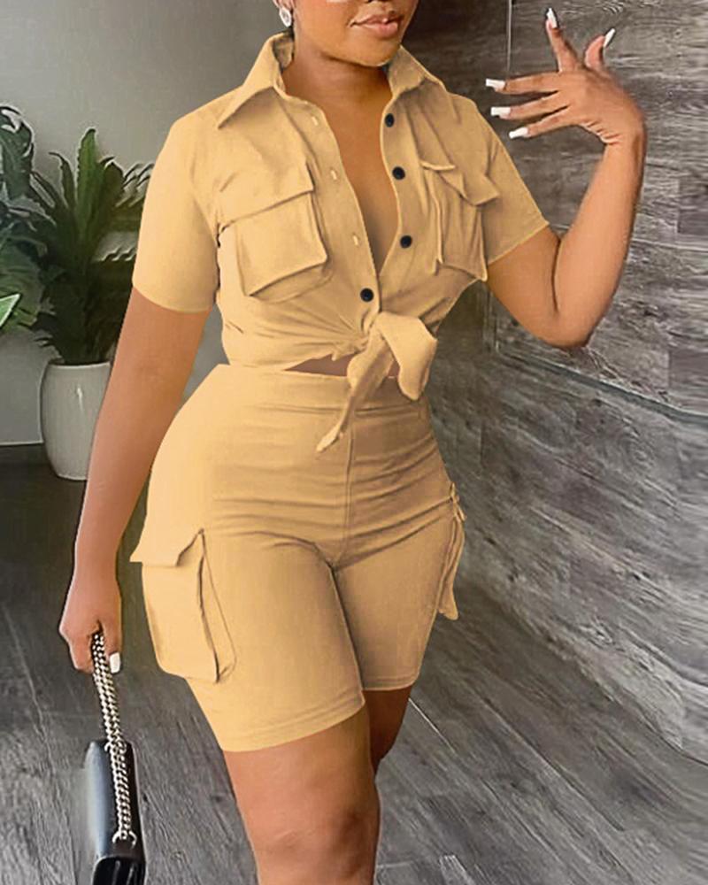 

Buttoned Crop Top & High Waist Shorts Set, Khaki