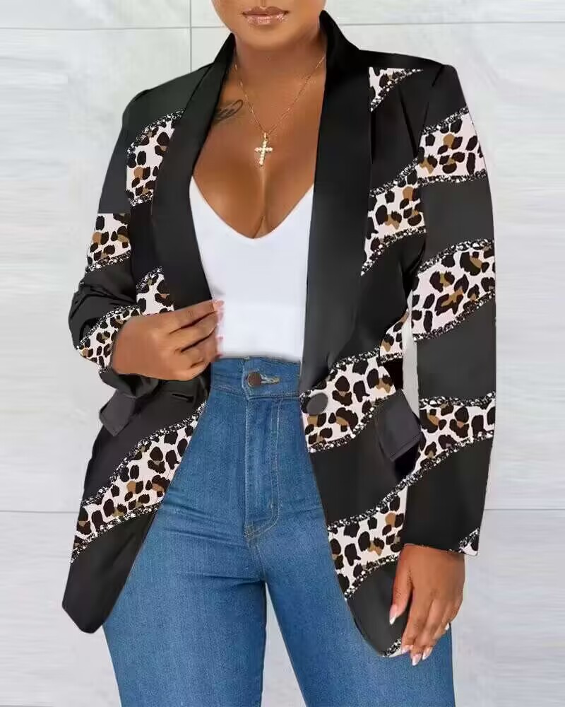 

Plus Size Colorblock Leopard Print Shawl Collar Blazer Coat, Black