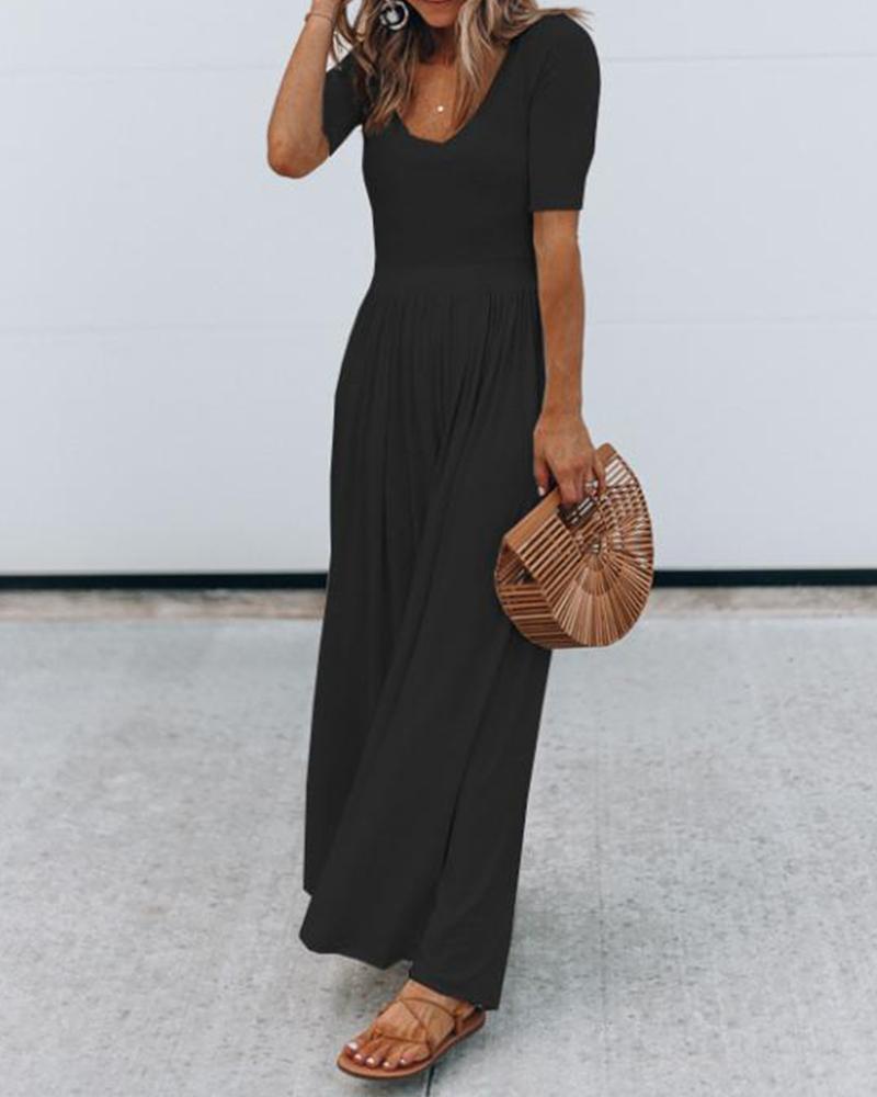 

V Neck Flare Leg Jumpsuit, Black