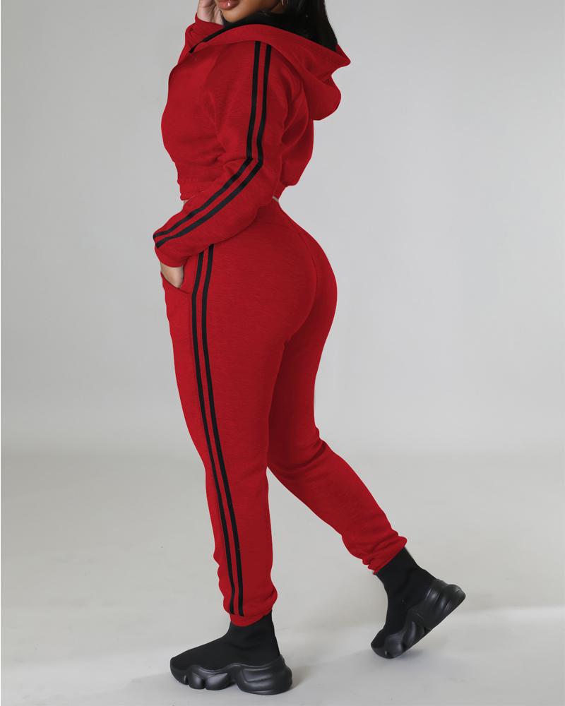 

Contrast Paneled Hooded Zip Up Top & Pants Set, Red