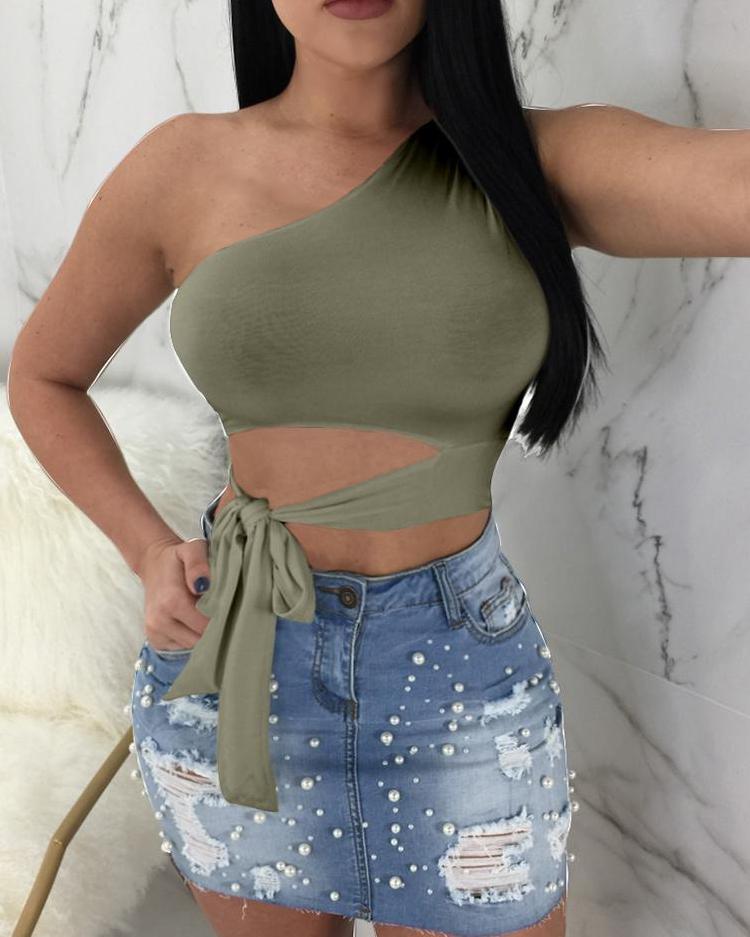 

Solid Color One Shoulder Tie Waist Cropped Top, Green