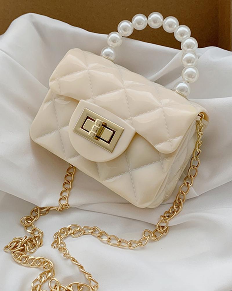 

Pastel Quilted Pearls Top Handle Chain Strap Mini Change Bag, Beige