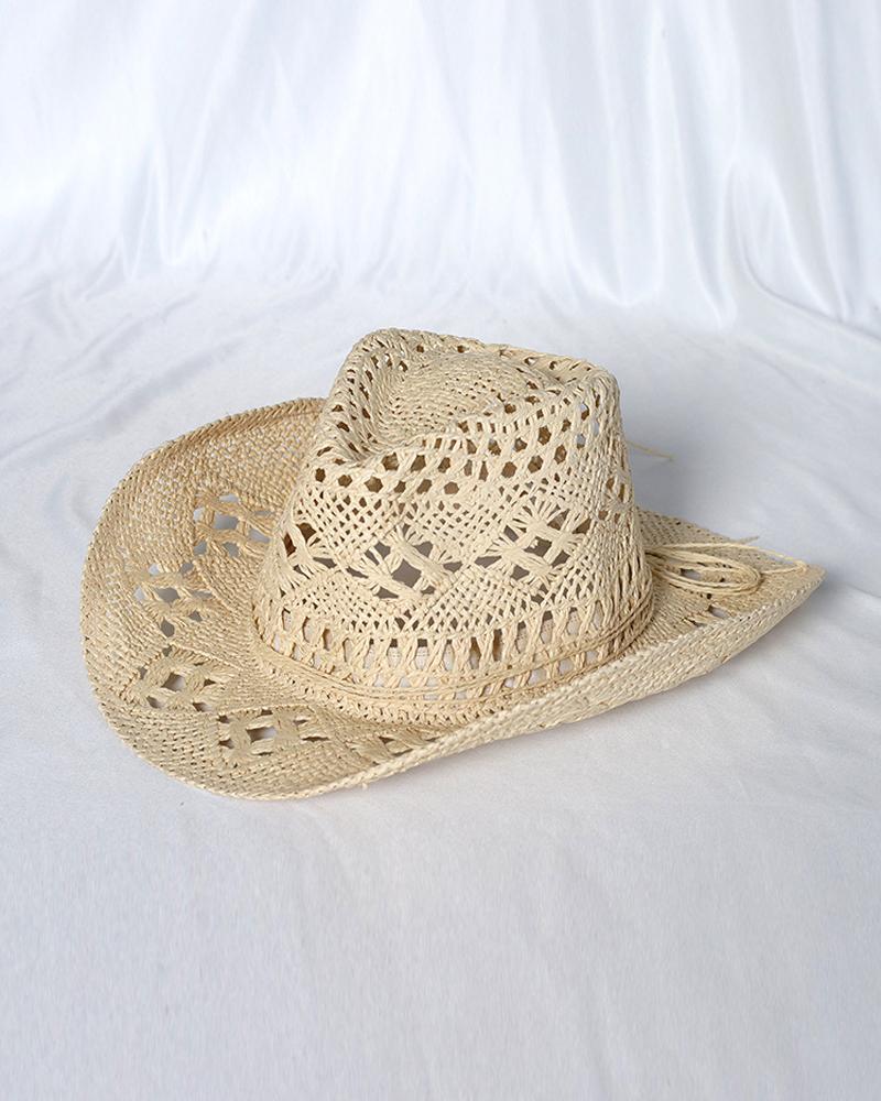 

Hollow Out Straw Cowboy Hat, Beige