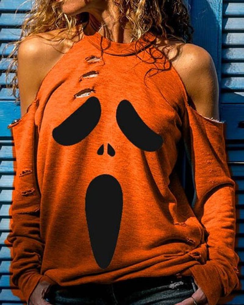 

Ripped Hollow Long Sleeve Blouse, Orange