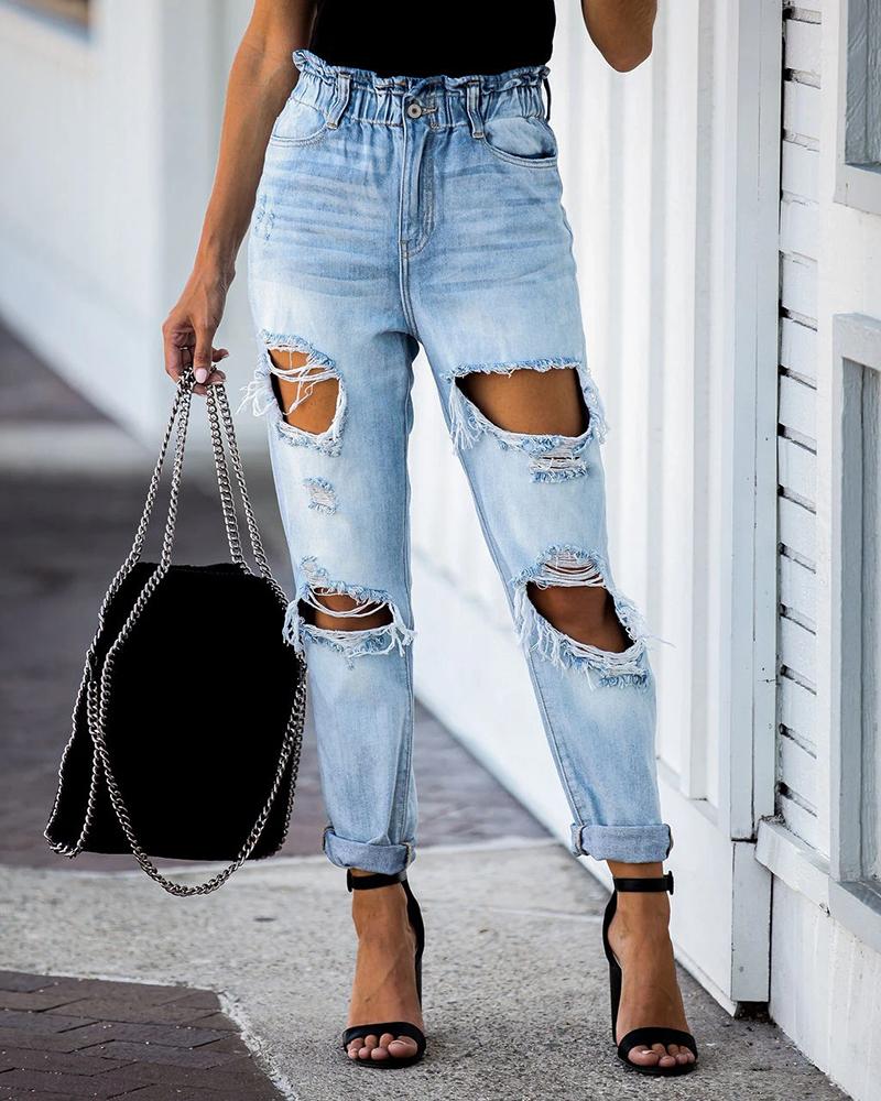 

Pocket Design Fringe Hem Ripped Cutout Jeans, Blue