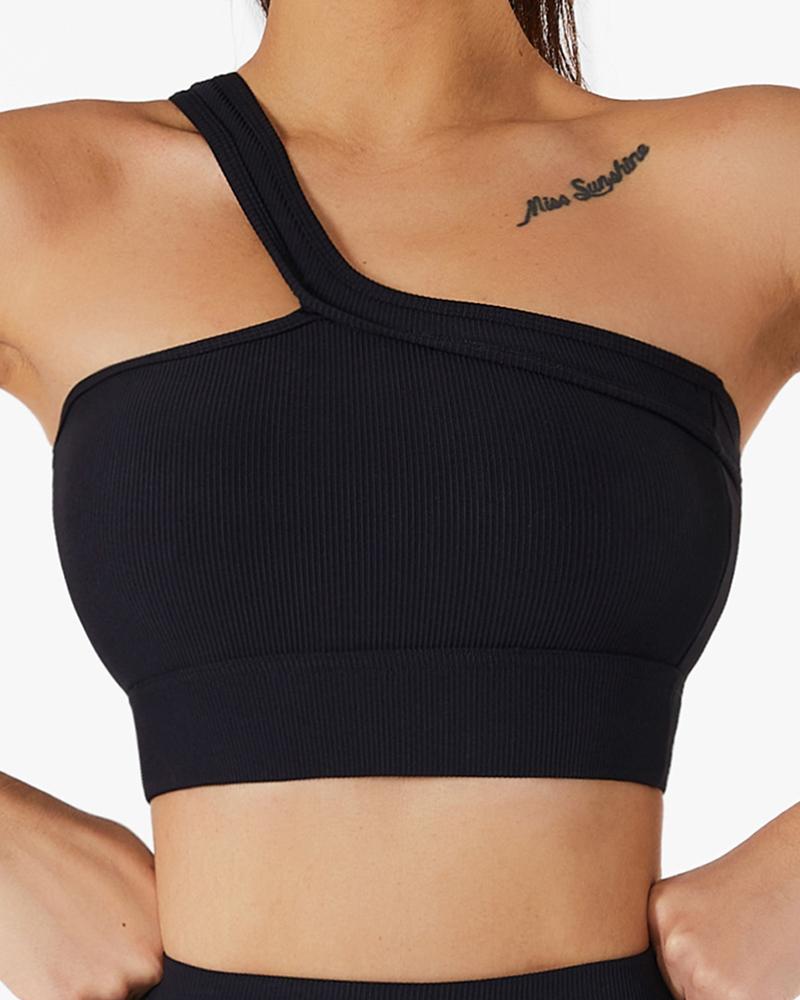 

One Shoulder Sports Yoga Bra Top, Black