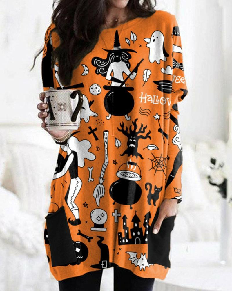 

Halloween Pumpkin Graphic Print Pocket Detail Long Sleeve Dress, Style8