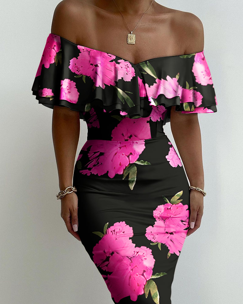 

Floral Print Off Shoulder Ruffles Skinny Dress, Black