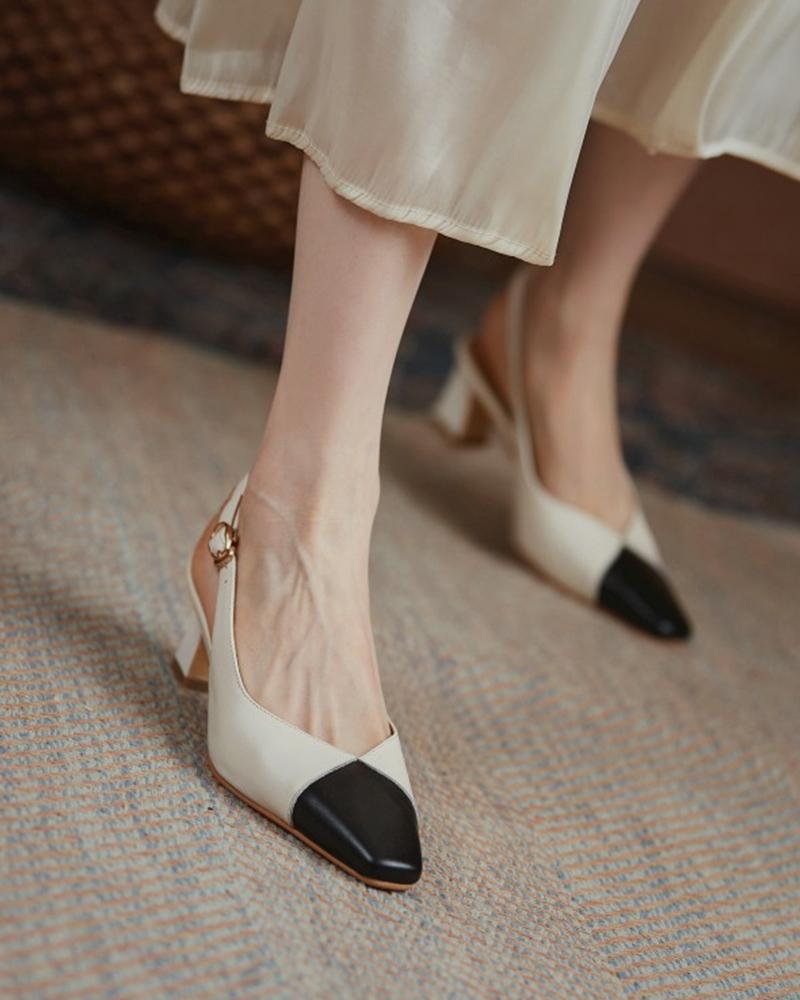 

Colorblock Slingback Buckled Square Toe Chunky Heels, White