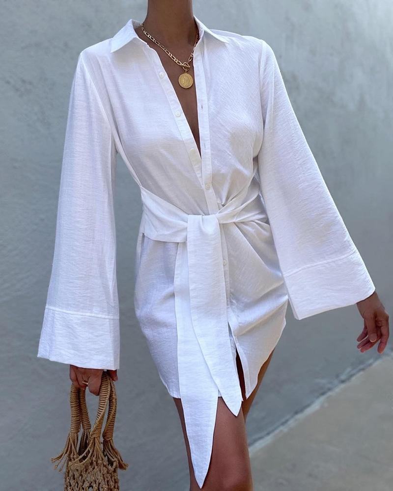 

Bell Sleeve Tied Detail Button Design Shirt Dress, White