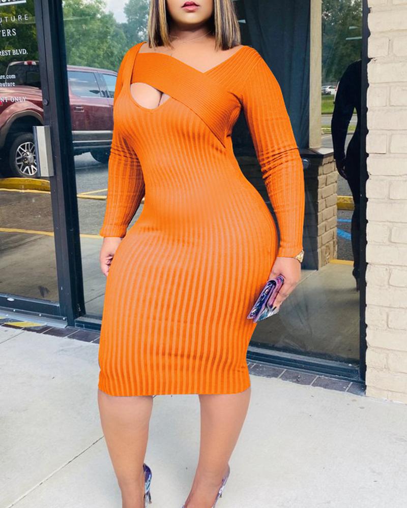 

Solid Long Sleeve Cut-out Skinny Party Dress, Orange