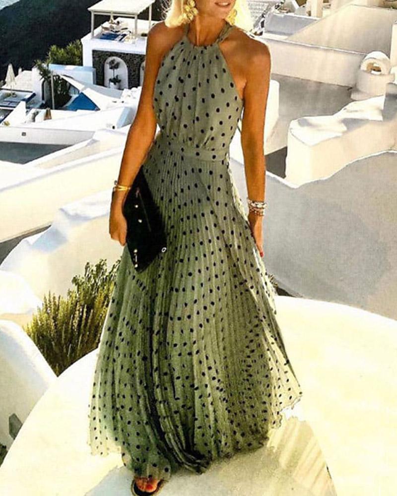 

Polka Dot Print Chiffon Pleated Maxi Dress, Green
