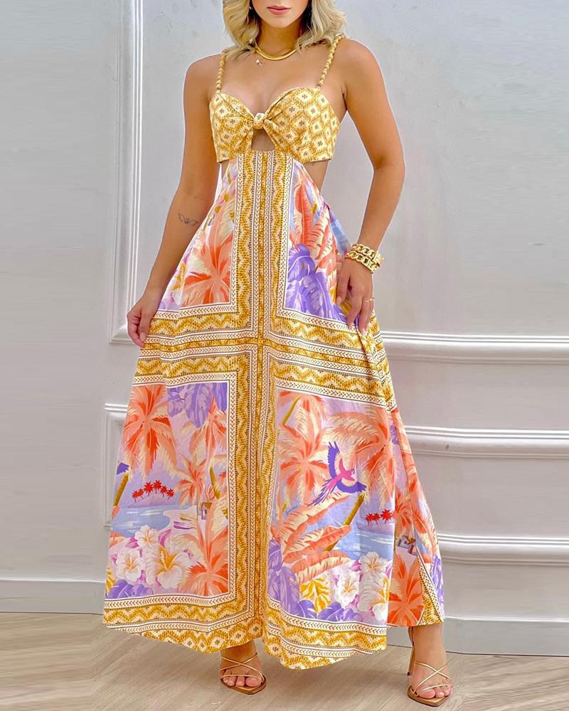 

Scarf Tropical Print Cutout Backless Maxi Dress, Yellow