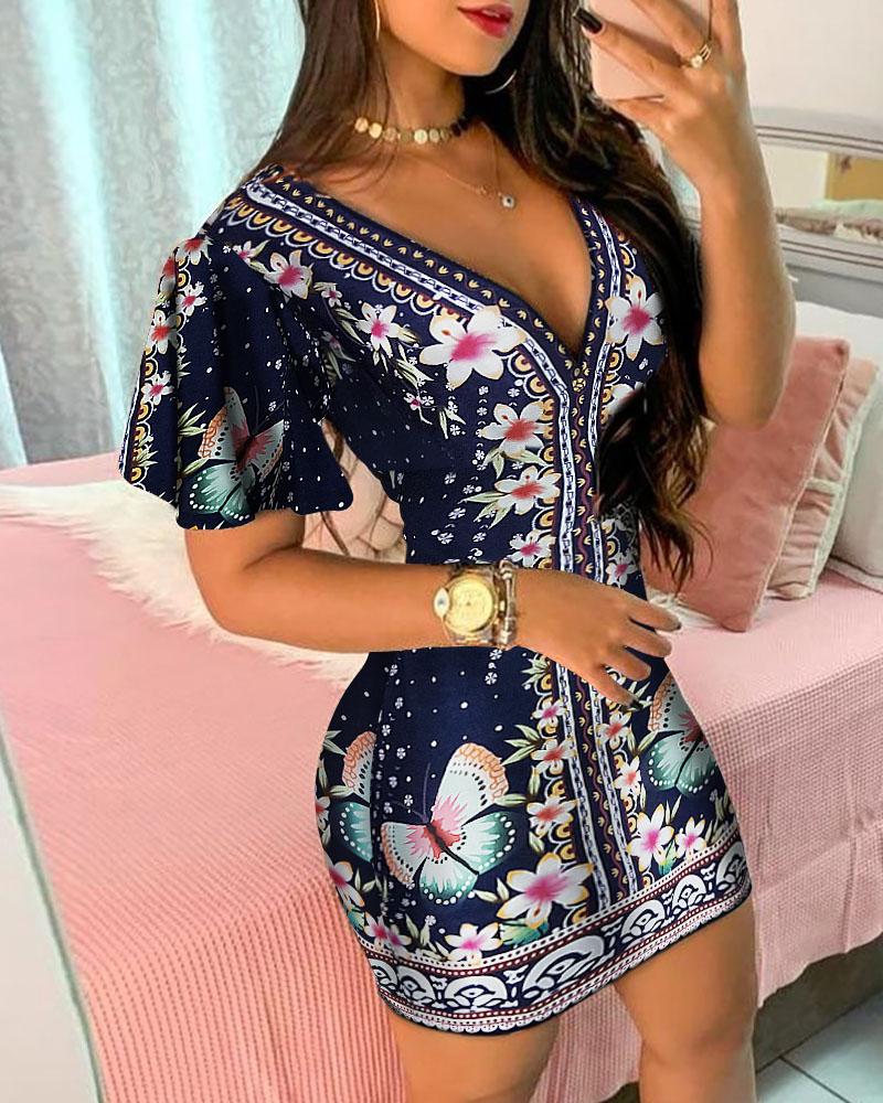 

Floral Butterfly Print Ruffles Bodycon Dress, Multicolor