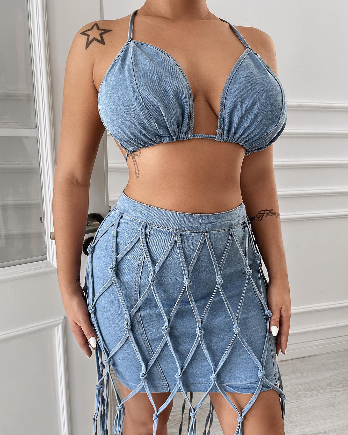

Halter Denim Crop Top & Tassel Design Skirt Set, Light blue