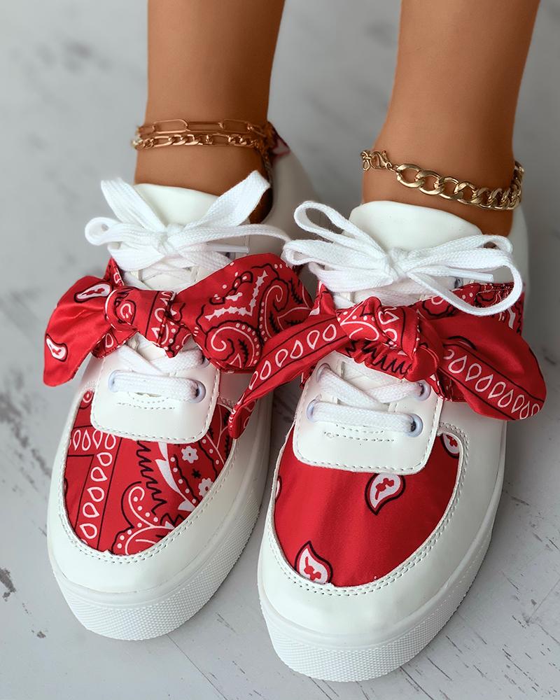 

Paisley Print Knotted Eyelet Lace-up Flatform Sneaker, Red