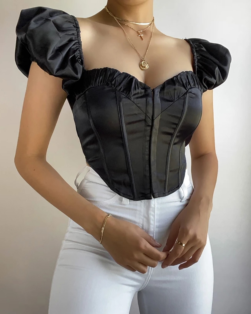 

Satin Plain Puff Sleeve Corset Top, Black