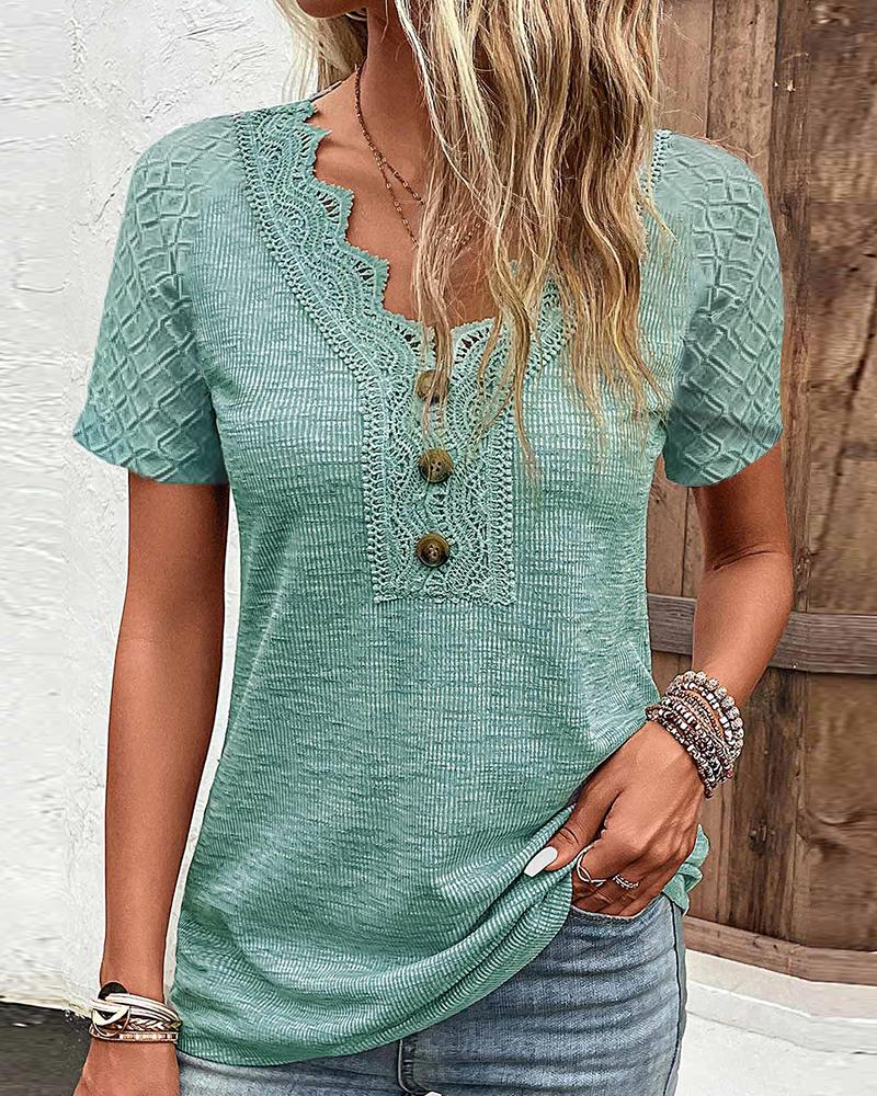 

Contrast Lace Buttoned Casual T-shirt, Green