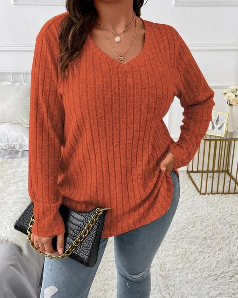 

Plus Size V-Neck Long Sleeve Ribbed Top, Dark brown