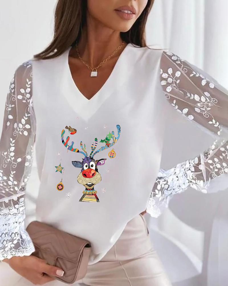 

Christmas Sheer Mesh Elk Print Lace Top, White