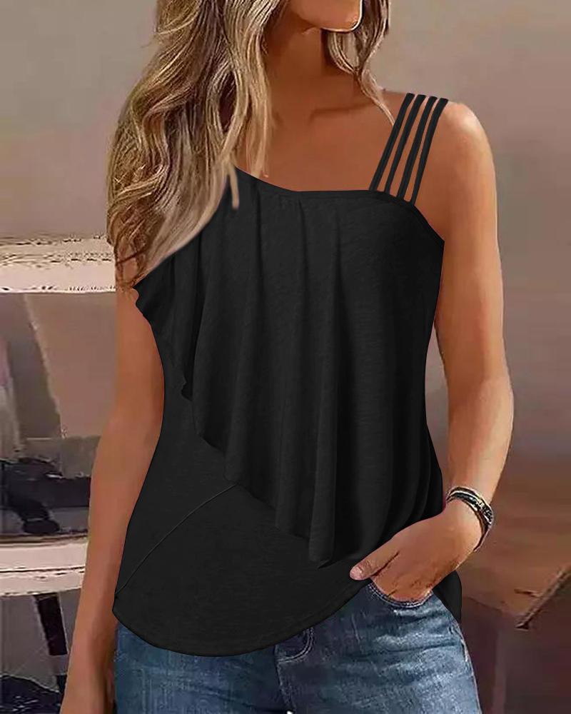 

Asymmetrical Neck Ruched Wrap Tank Top, Black