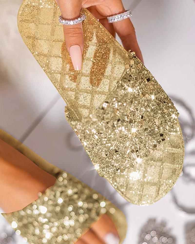 

Open Toe Glitter Rhinestone Flat Slippers, Gold