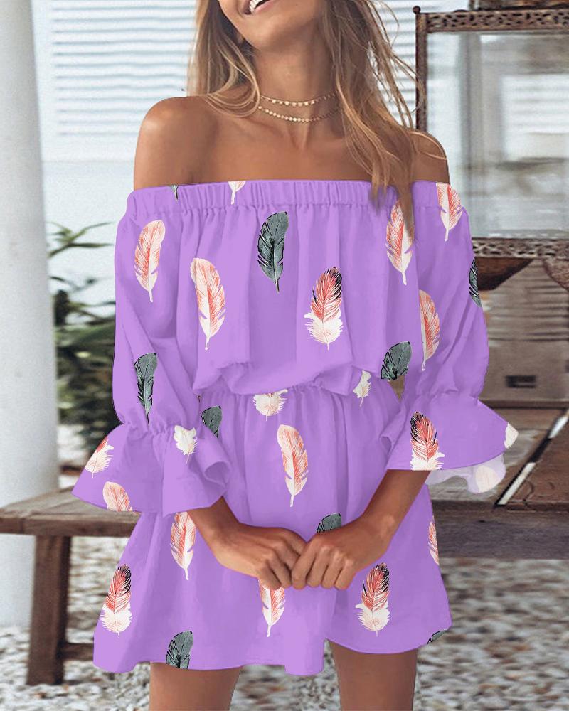 

Feather Print Off Shoulder Bell Sleeve Casual Dress, Light purple