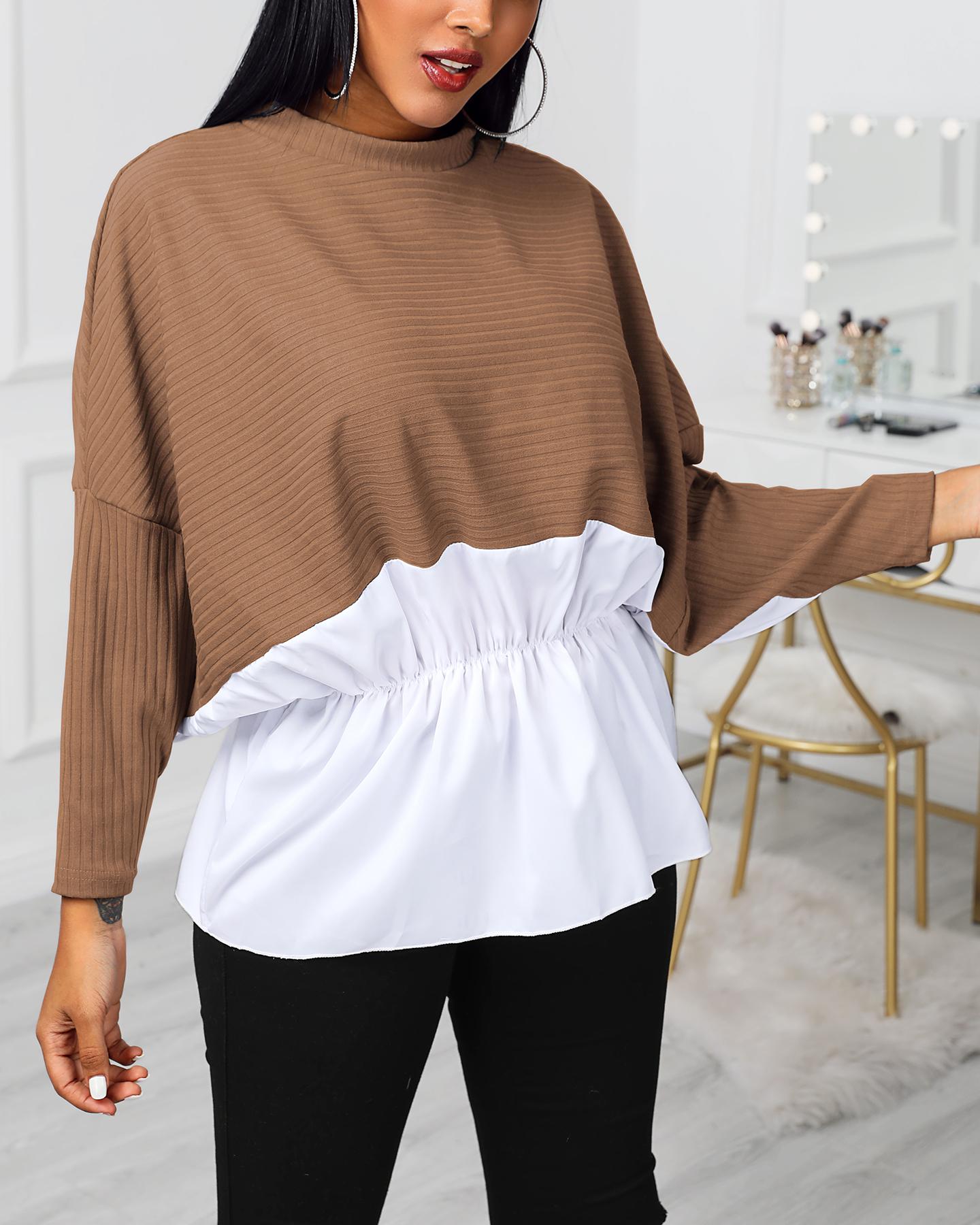 

Colorblock Insert Ruffles Ribbed Batwing Sleeve Blouse, Coffee