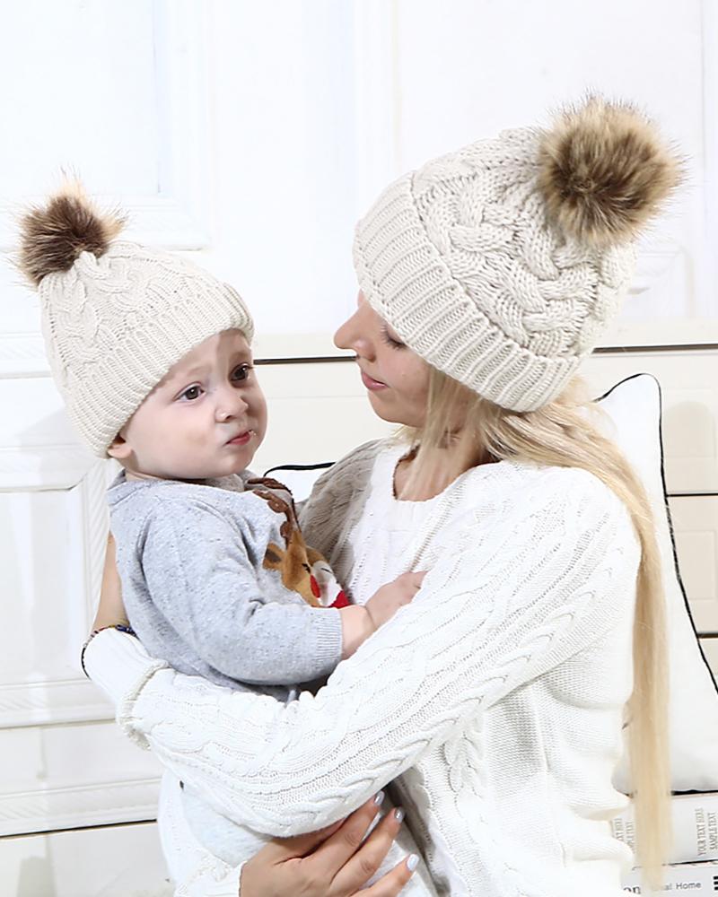 

Braided Pom Pom Cuffed Beanie, White