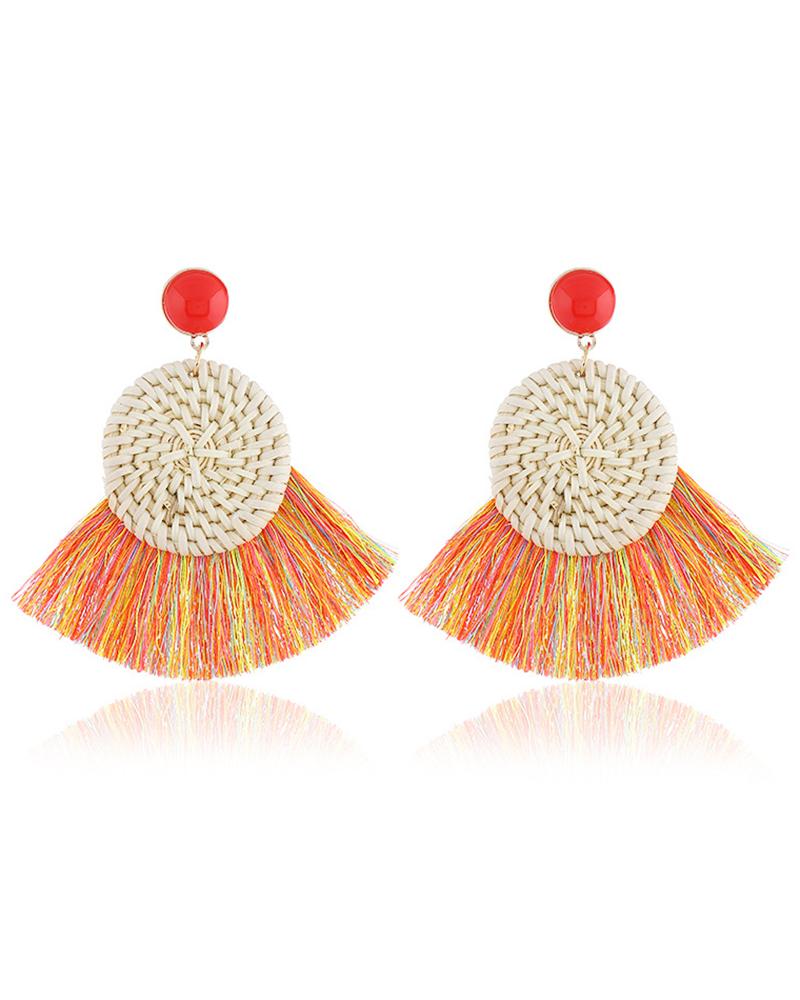 

1Pair Big Lightweight Geometric Statement Tassel Rattan Earrings, Orange
