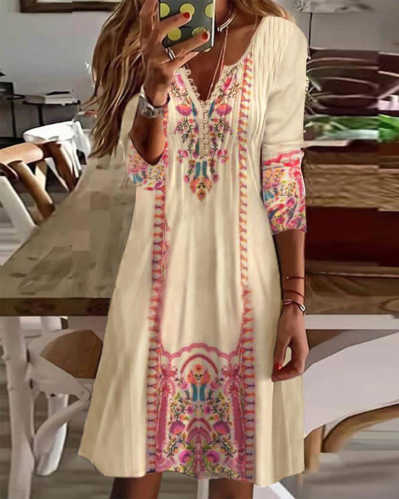 

Tribal Print Button Detail Long Sleeve Casual Dress, Khaki