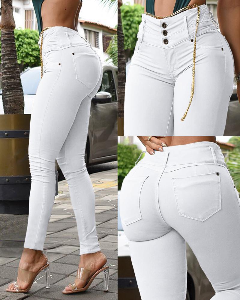 

High Waist Pocket Design Skinny Pants, White