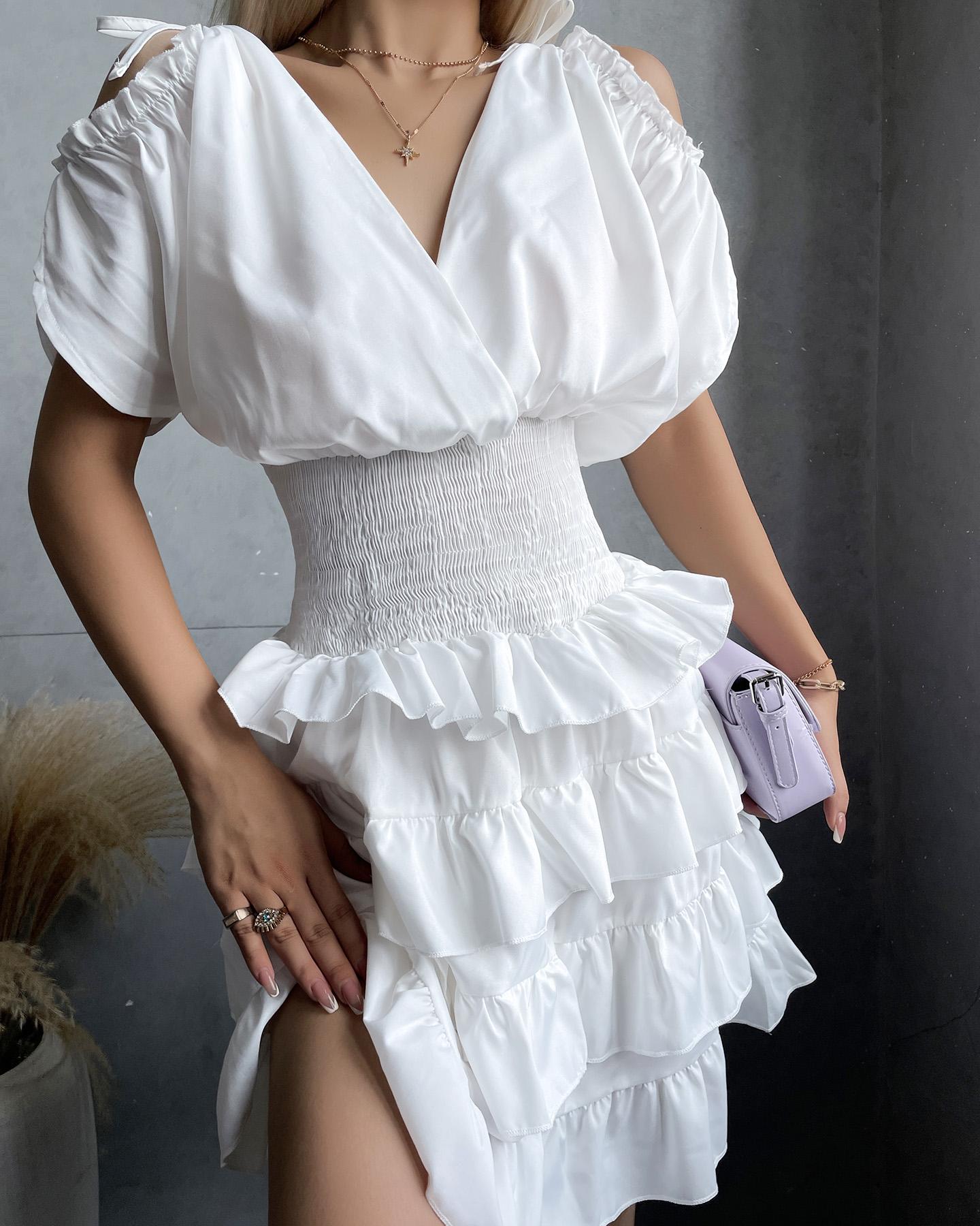 

Cold Shoulder Tied Detail Shirred Layered Dress, White