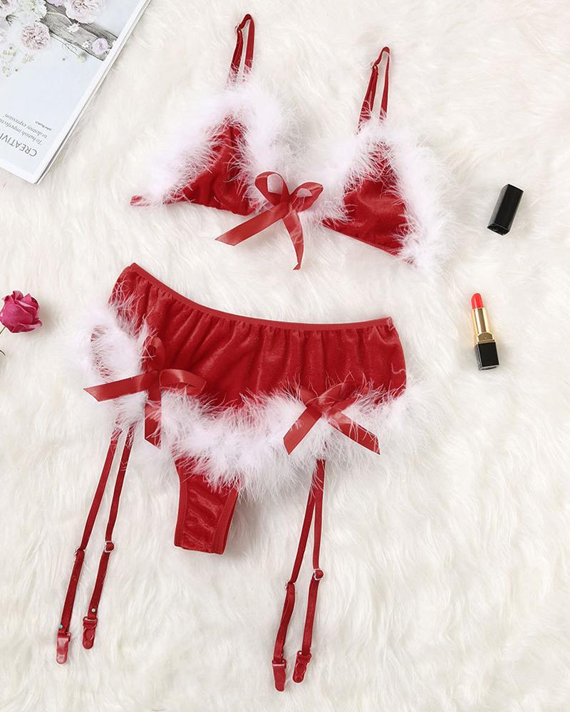 

Christmas Feather Detail Bowknot Decor Sleeveless Bra Set, Red