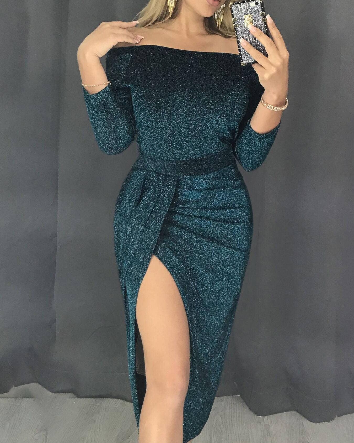 

Off Shoulder Glitter High Slit Party Dress, Green