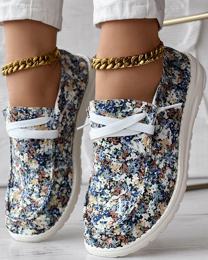 Ditsy Floral Print Lace-up Casual Slip-On