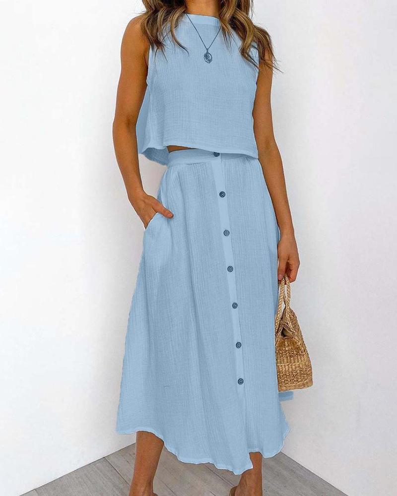 

Plain Button Design Top & Skirt Sets, Blue