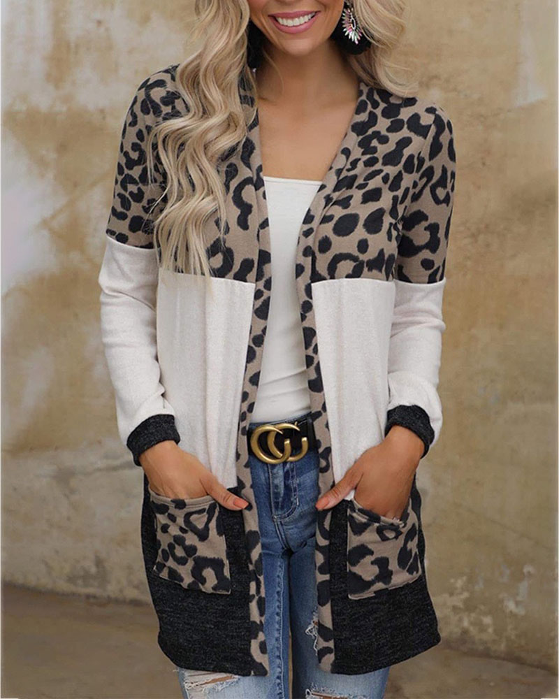 

Leopard Print Long Sleeve Open Front Cardigan, Khaki