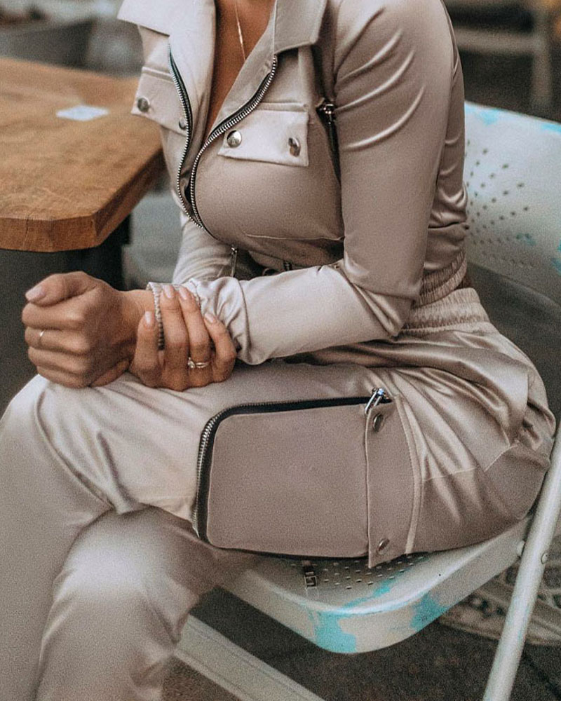 

Zipper Pocket Design Drawstring Cuffed Pants, Apricot